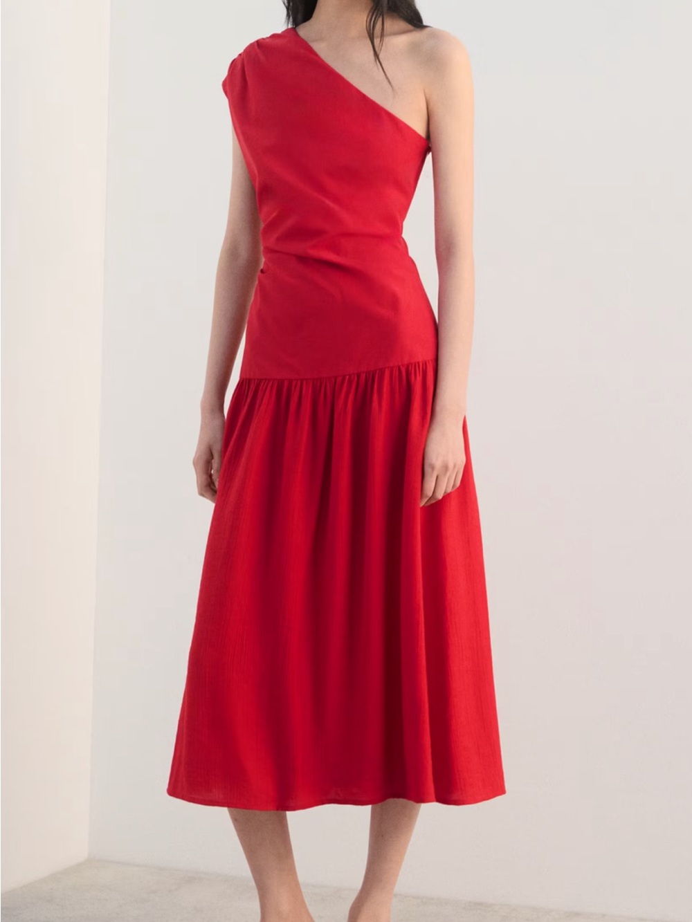 Mango One-Shoulder Red Maxi Dress ASYMMETRICAL PLEATED DRESS 2547